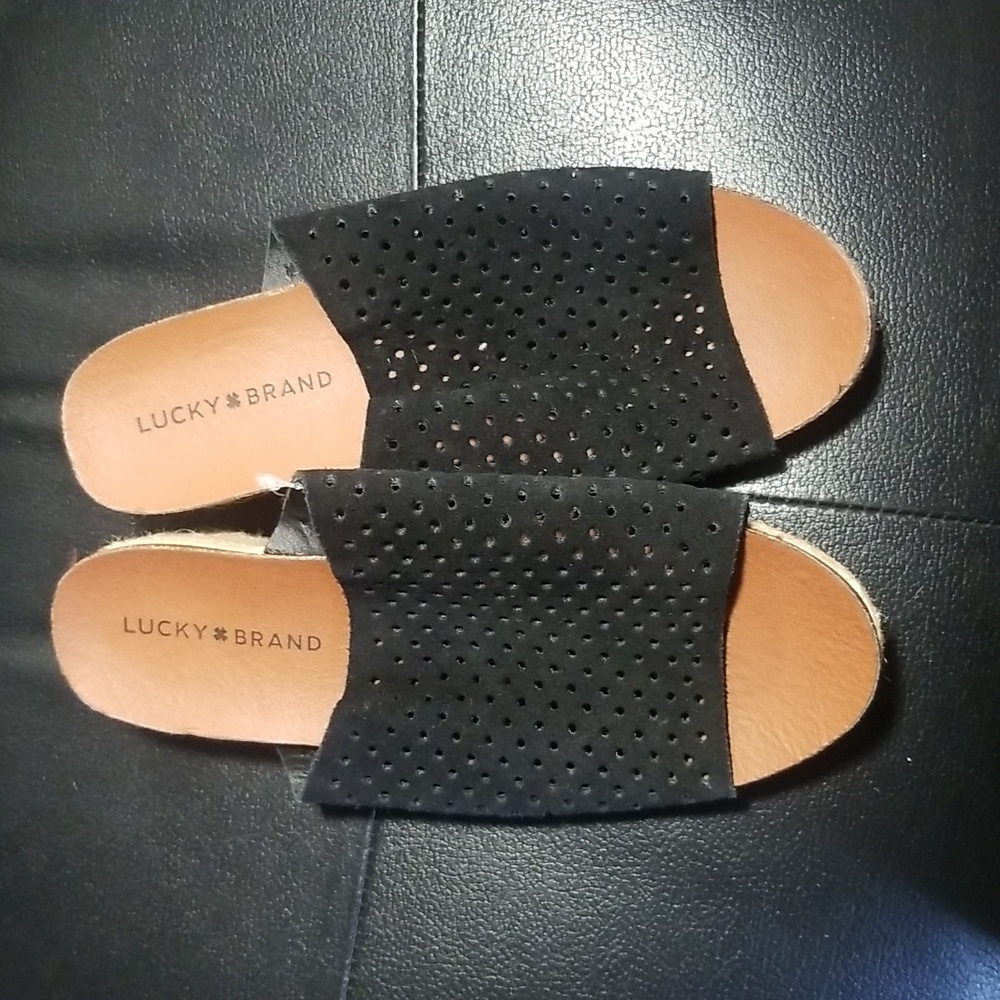 Lucky Brand Jemya Espadrille Slide Sandal Wedge Women 9 Navy Black Suede…
